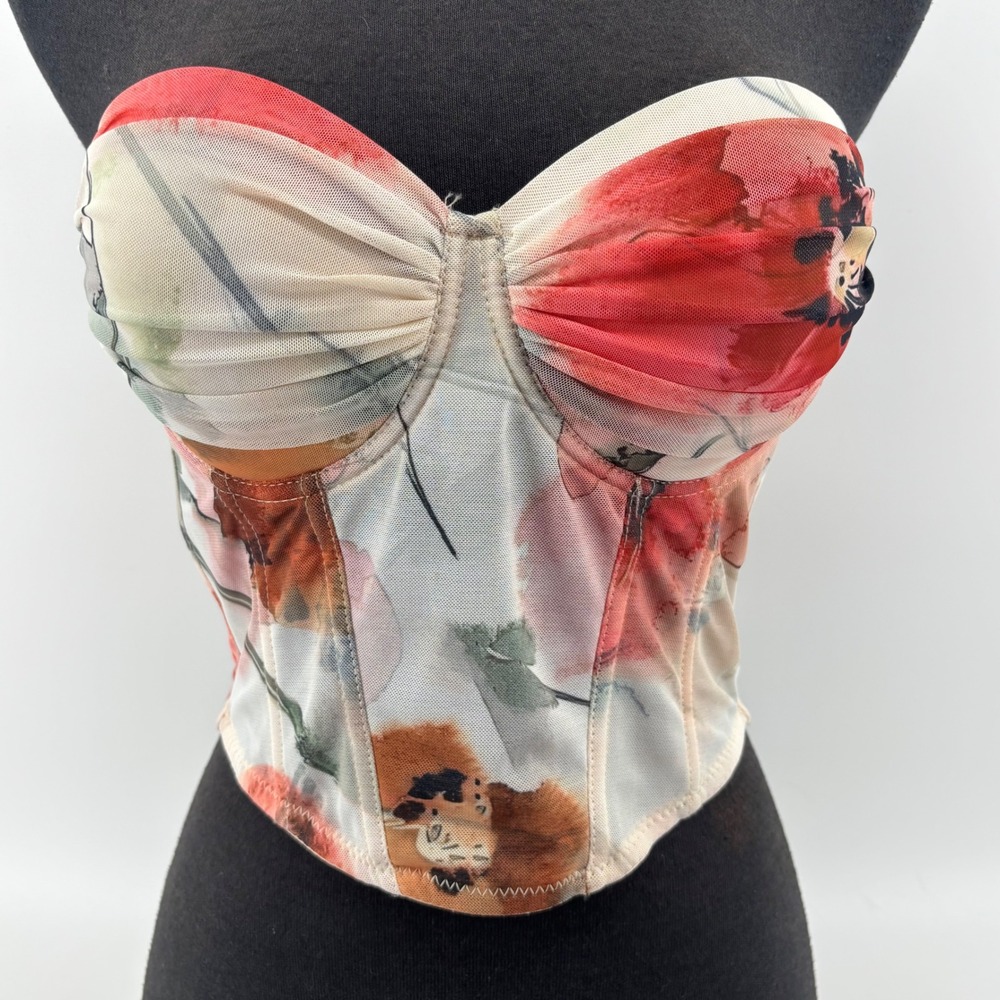 Kaylee Kollection Floral Mesh Corset Top Red Orange Watercolor Strapless Large